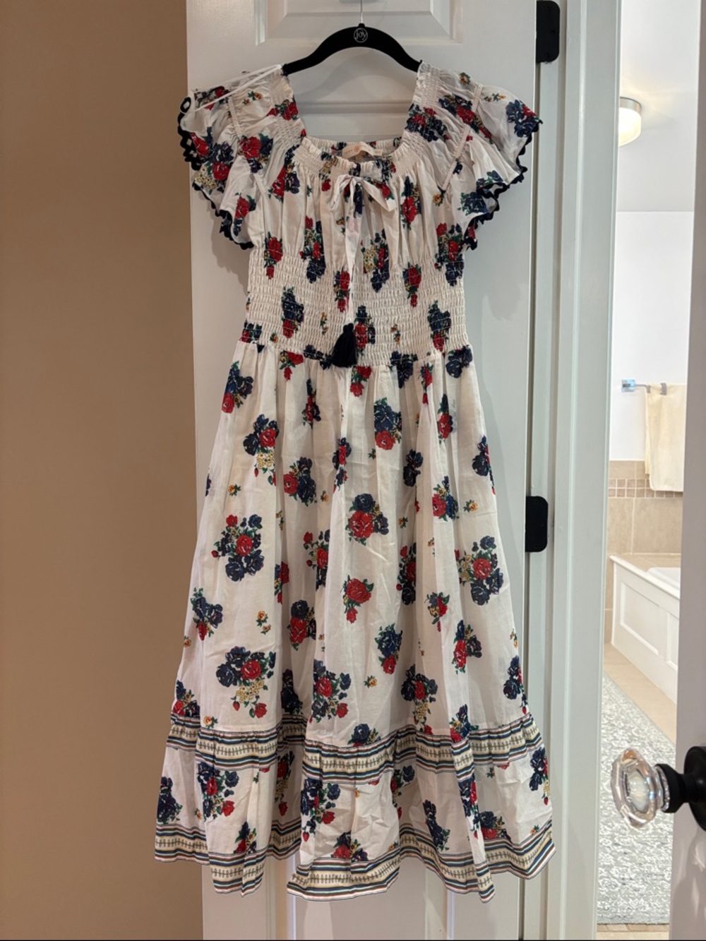 Tory Burch Floral Smocked Dress with Red & Blue Roses